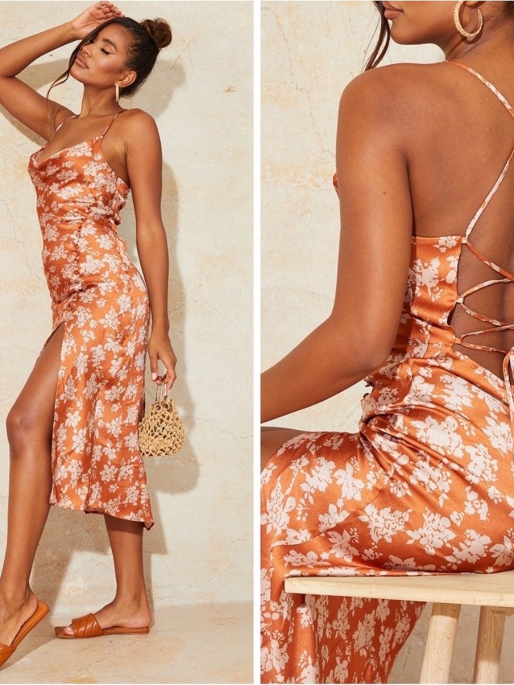 PrettyLittleThing Orange Floral Satin Cowl Backless Dress